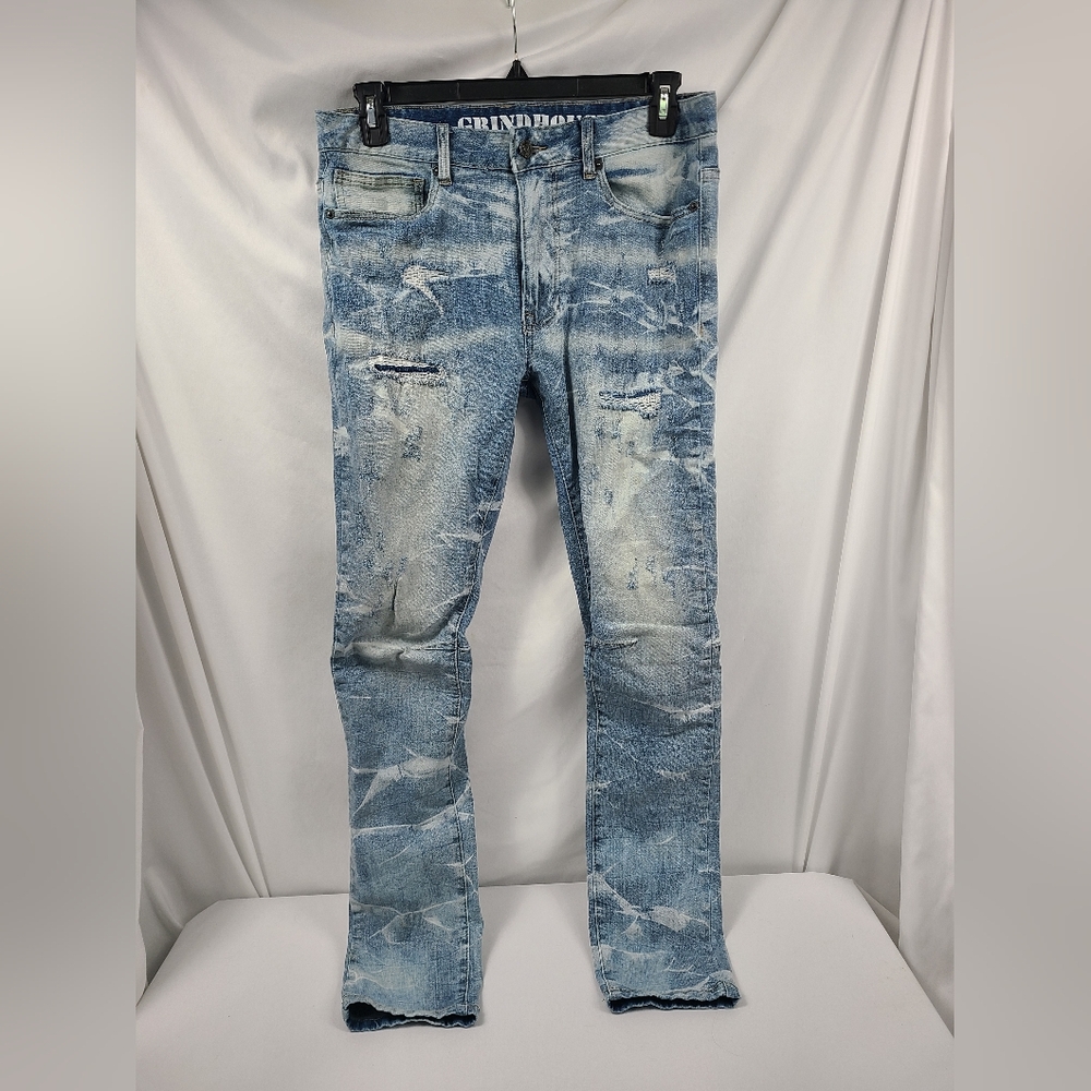 GrindHouse Men's Blue Distressed Painted Denim Jeans Size 36x34